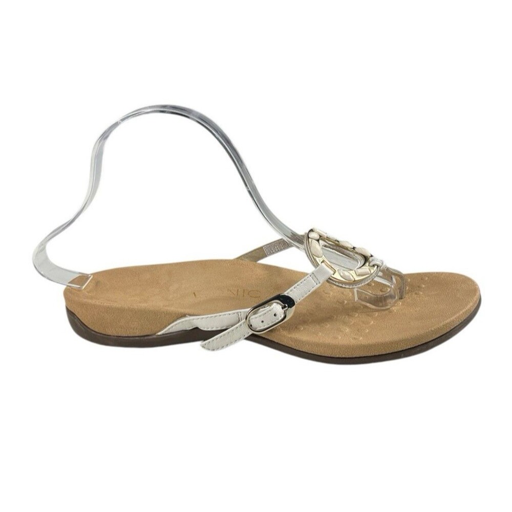 Vionic Ricci Thong Sandals White Leather Straps Goldtone Hardware Jewels Size 10